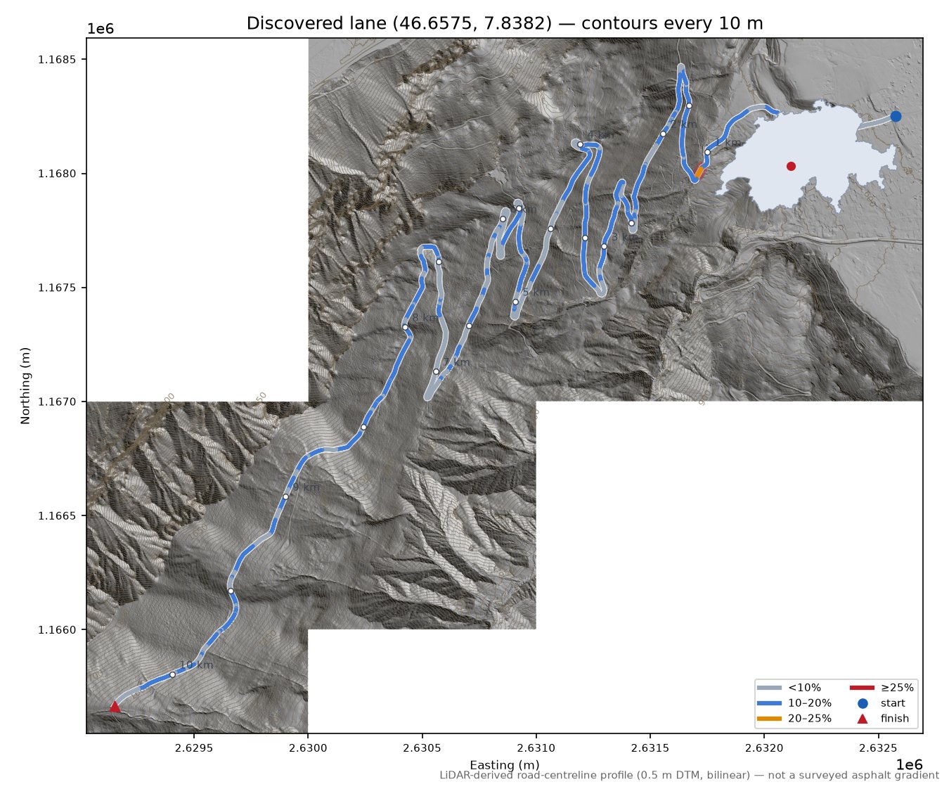 Discovered lane (46.6575, 7.8382) LiDAR hillshade map with contours