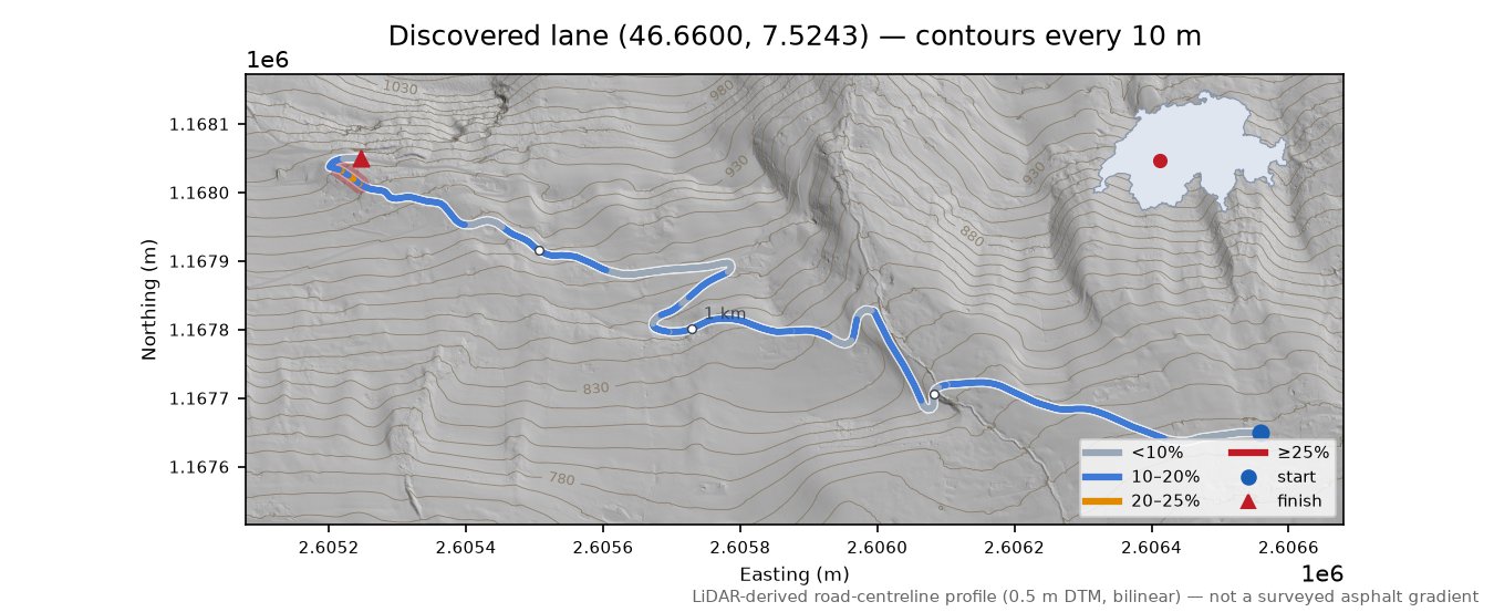 Discovered lane (46.6600, 7.5243) LiDAR hillshade map with contours