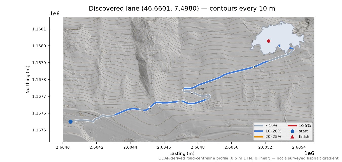 Discovered lane (46.6601, 7.4980) LiDAR hillshade map with contours