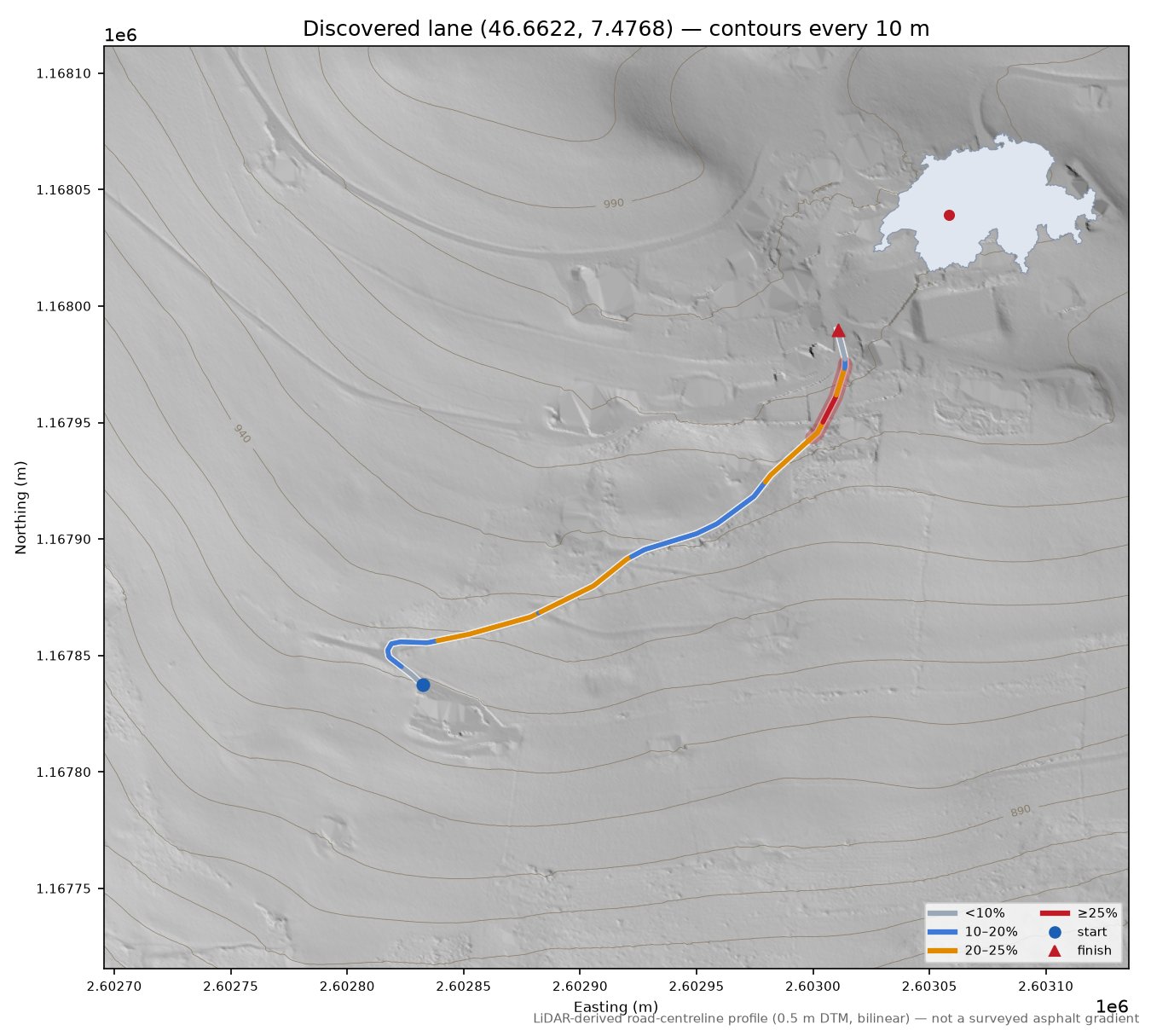 Discovered lane (46.6622, 7.4768) LiDAR hillshade map with contours