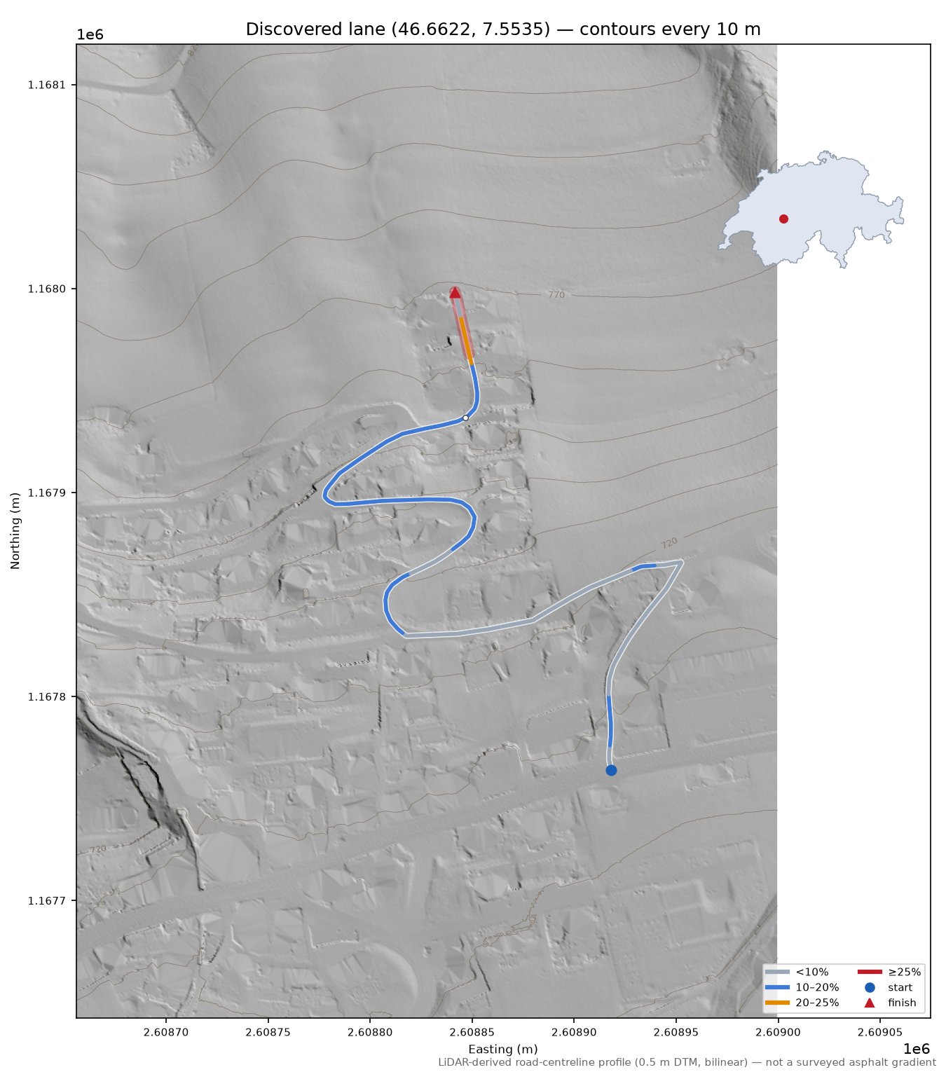 Discovered lane (46.6622, 7.5535) LiDAR hillshade map with contours
