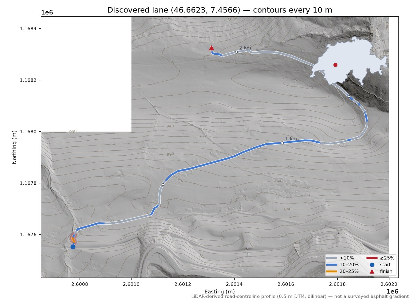 Discovered lane (46.6623, 7.4566) LiDAR hillshade map with contours