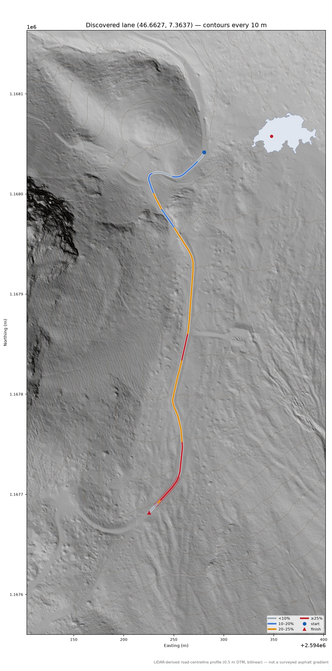 Discovered lane (46.6627, 7.3637) LiDAR hillshade map with contours