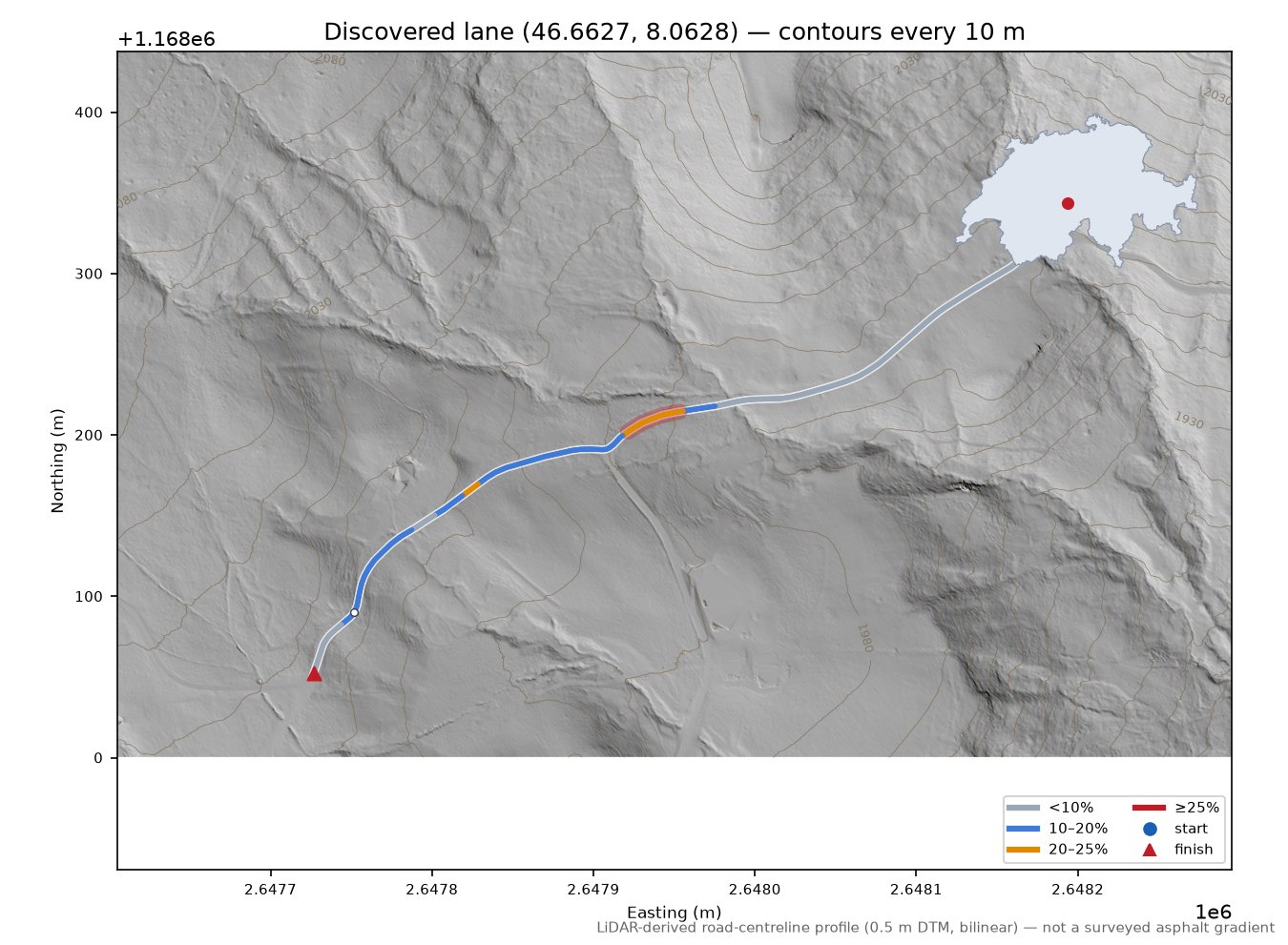 Discovered lane (46.6627, 8.0628) LiDAR hillshade map with contours