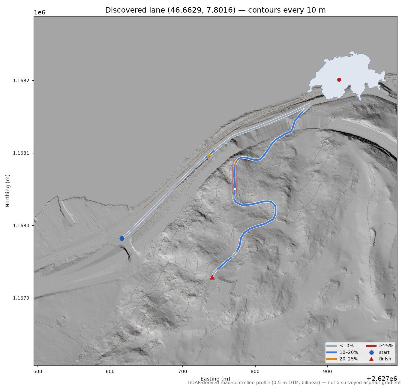 Discovered lane (46.6629, 7.8016) LiDAR hillshade map with contours