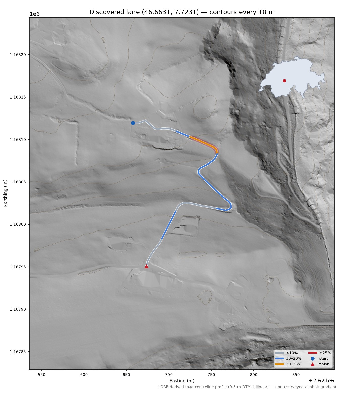 Discovered lane (46.6631, 7.7231) LiDAR hillshade map with contours