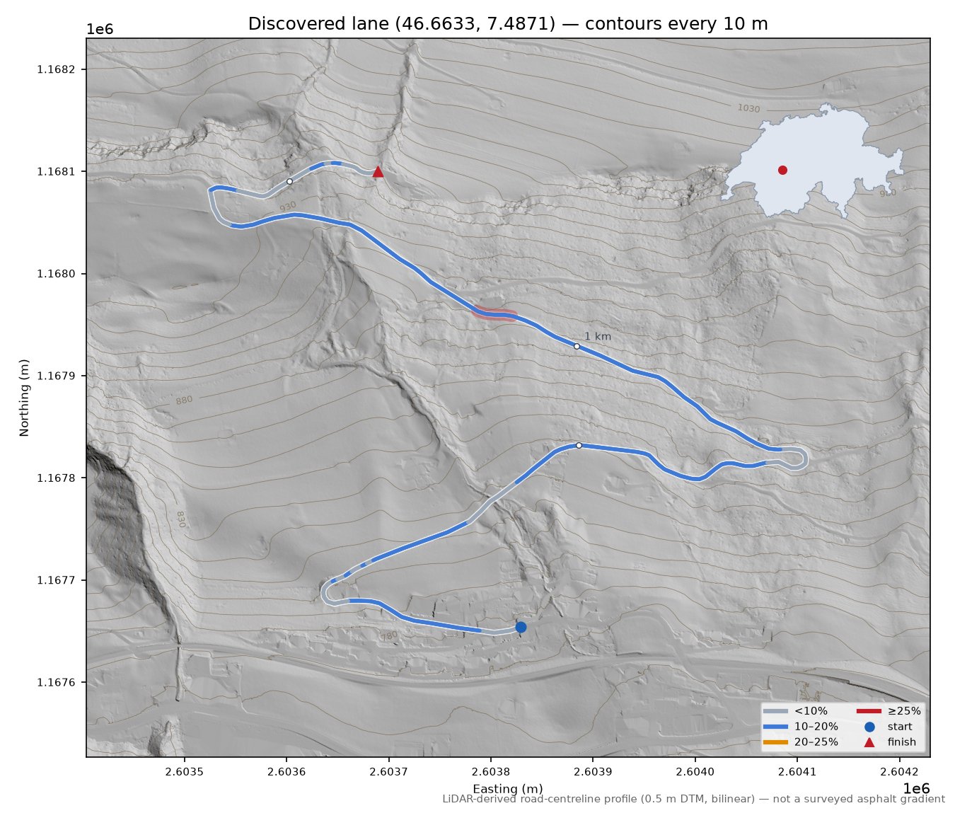 Discovered lane (46.6633, 7.4871) LiDAR hillshade map with contours