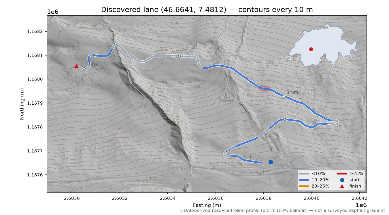 Discovered lane (46.6641, 7.4812) LiDAR hillshade map with contours