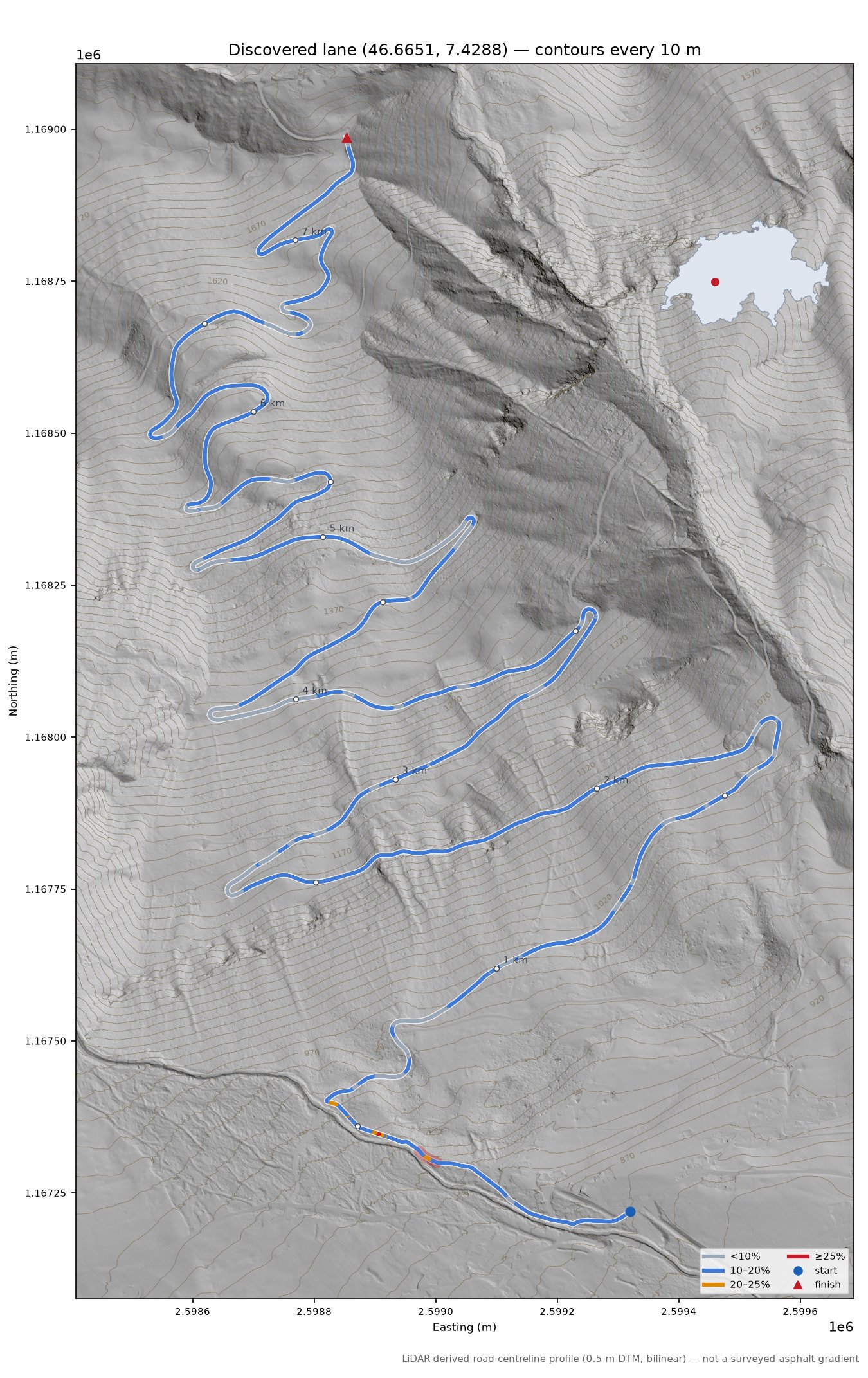 Discovered lane (46.6651, 7.4288) LiDAR hillshade map with contours