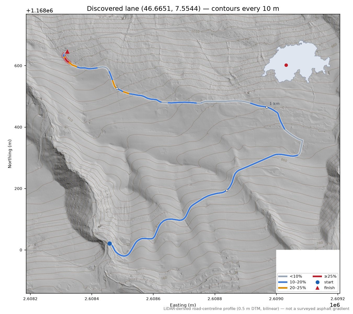 Discovered lane (46.6651, 7.5544) LiDAR hillshade map with contours
