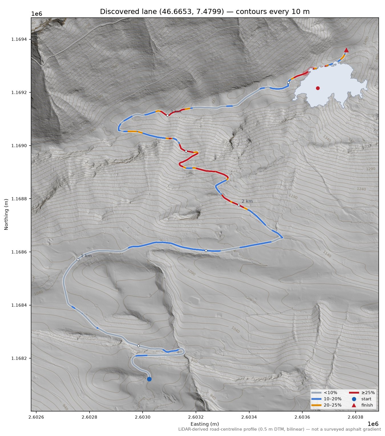 Discovered lane (46.6653, 7.4799) LiDAR hillshade map with contours