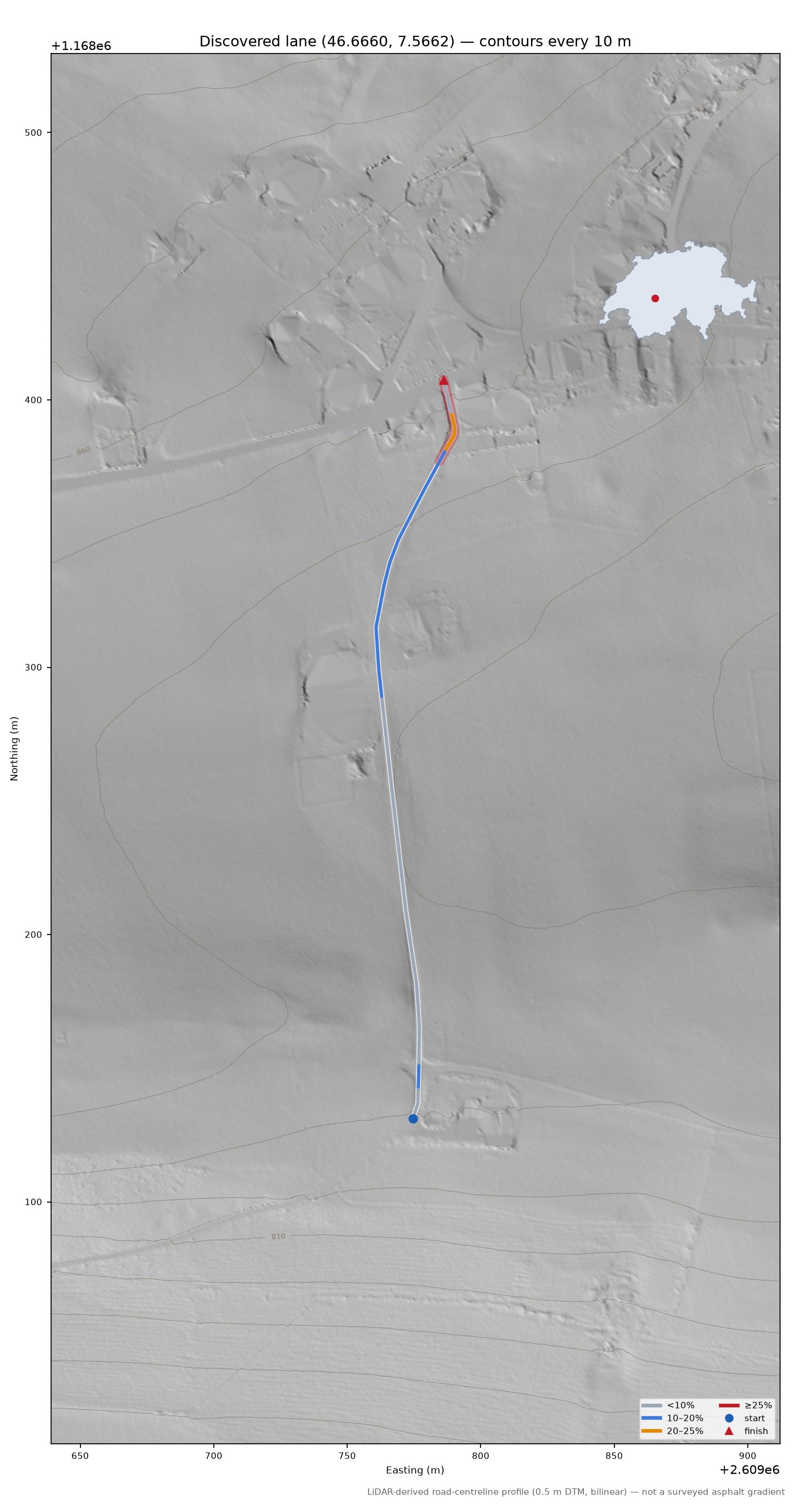 Discovered lane (46.6660, 7.5662) LiDAR hillshade map with contours