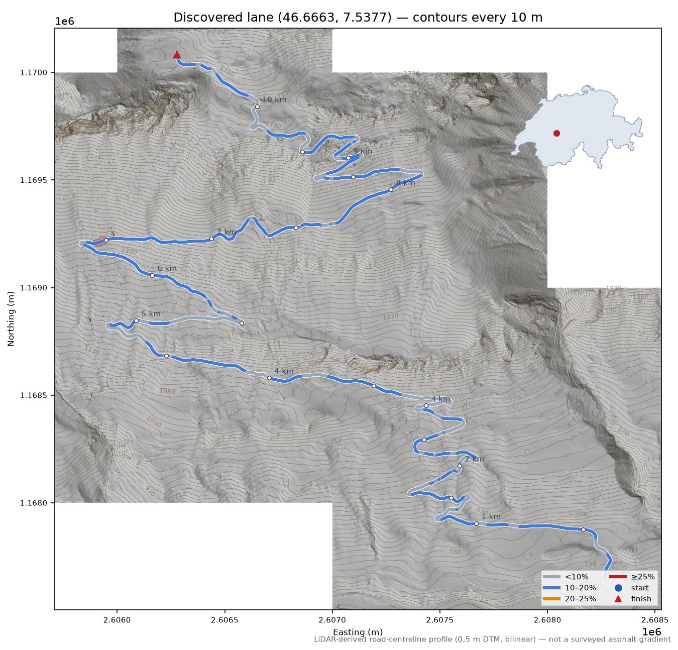 Discovered lane (46.6663, 7.5377) LiDAR hillshade map with contours