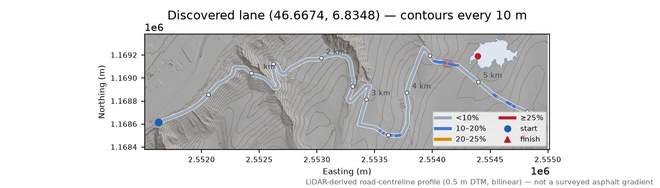 Discovered lane (46.6674, 6.8348) LiDAR hillshade map with contours