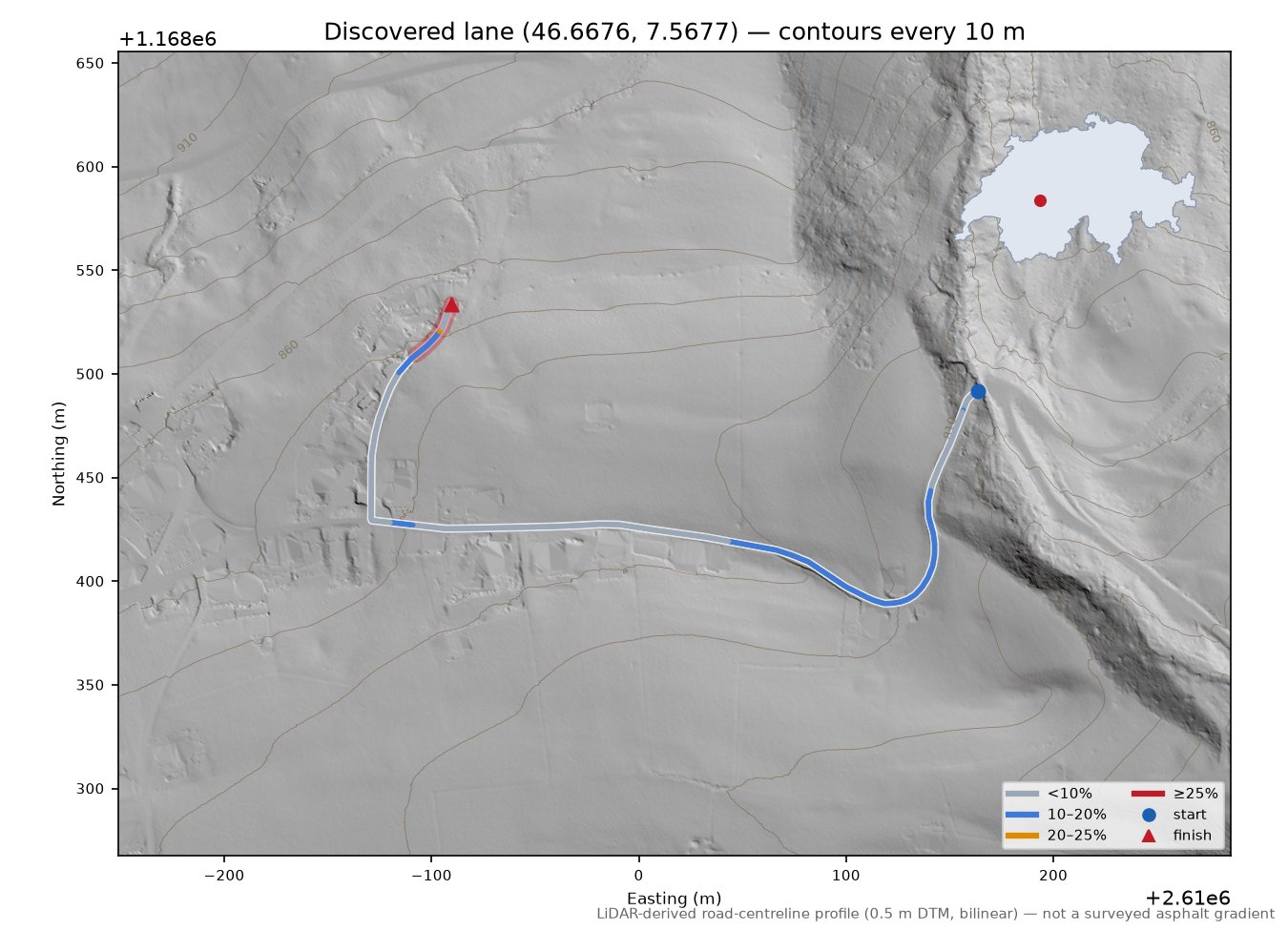 Discovered lane (46.6676, 7.5677) LiDAR hillshade map with contours