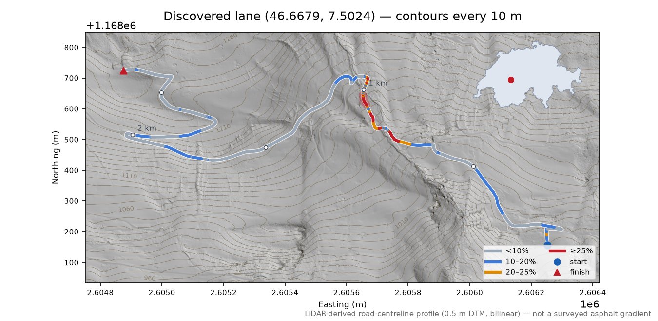 Discovered lane (46.6679, 7.5024) LiDAR hillshade map with contours