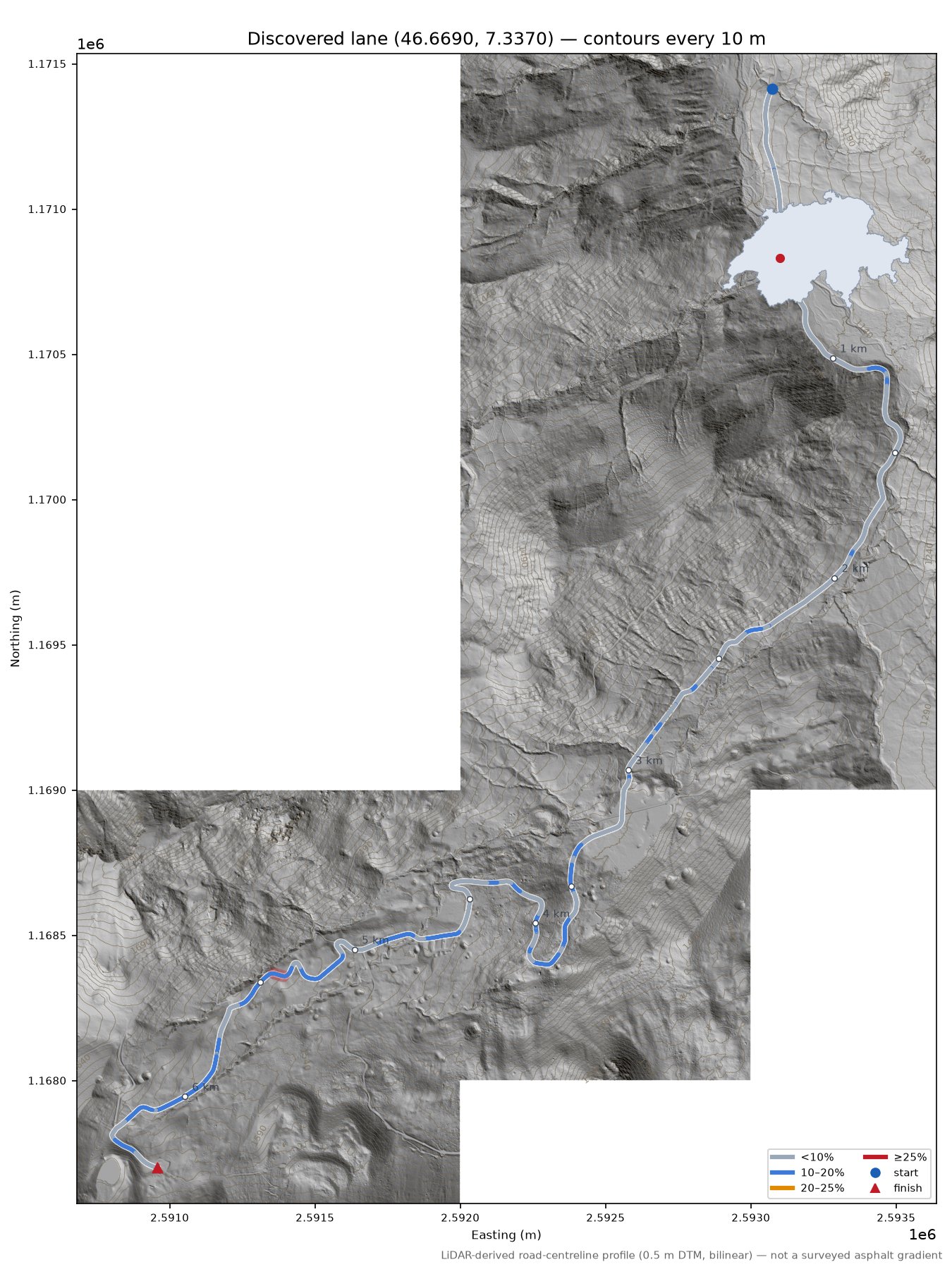 Discovered lane (46.6690, 7.3370) LiDAR hillshade map with contours