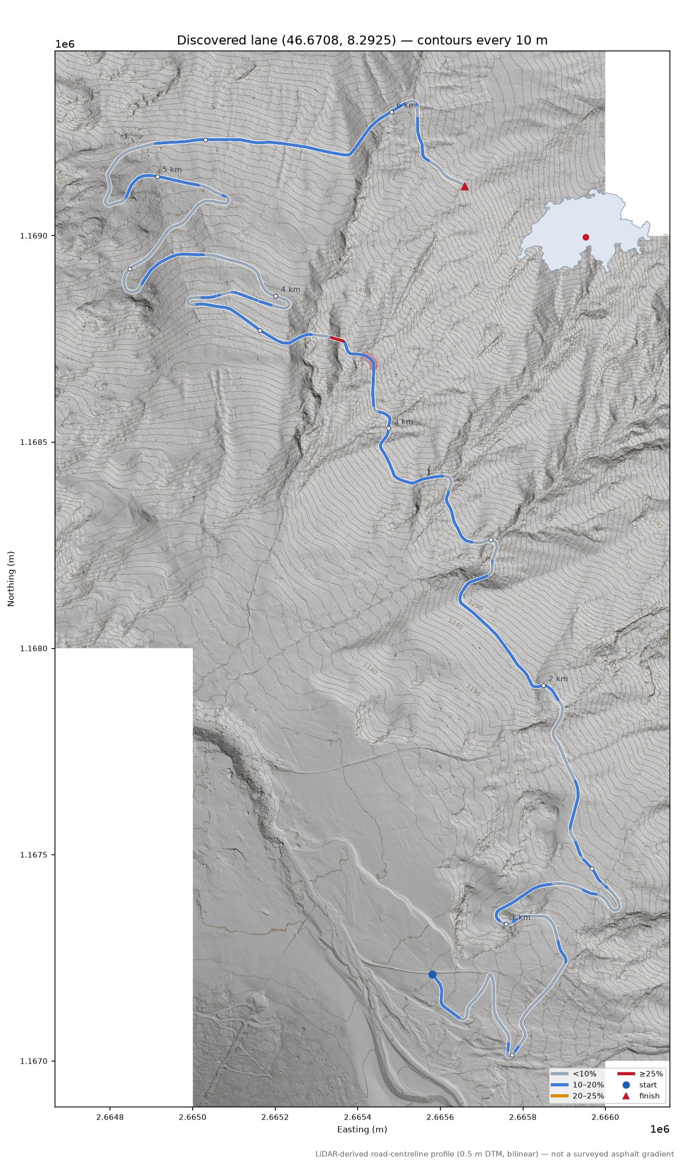 Discovered lane (46.6708, 8.2925) LiDAR hillshade map with contours