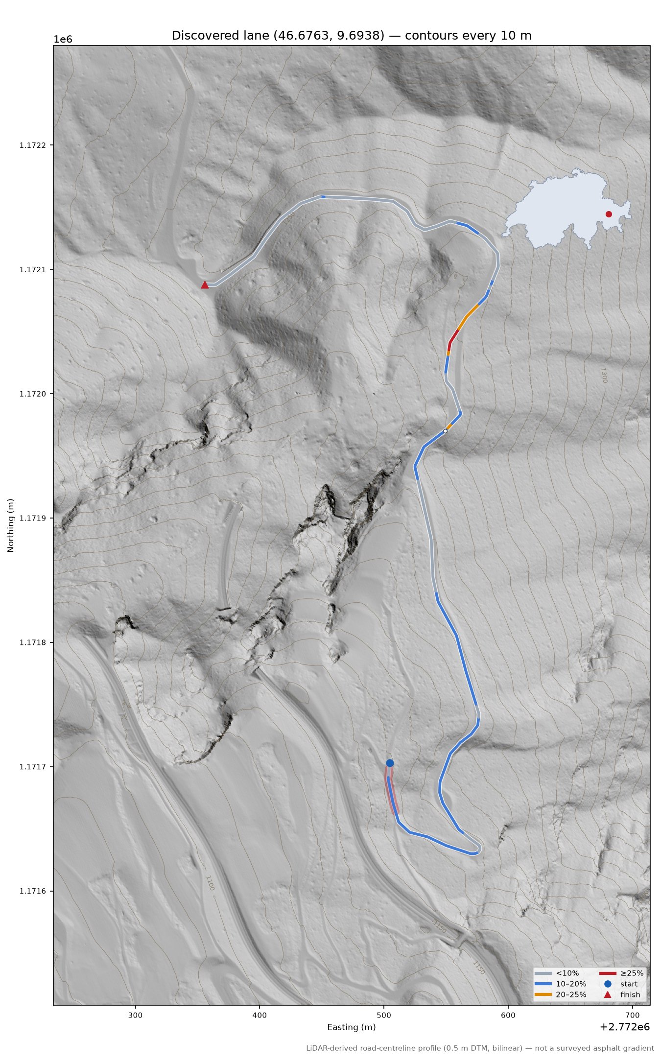 Discovered lane (46.6763, 9.6938) LiDAR hillshade map with contours