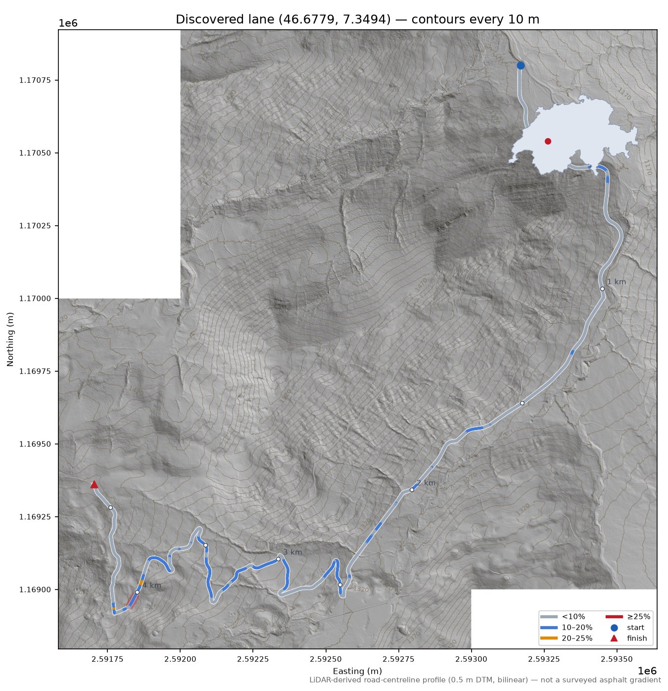 Discovered lane (46.6779, 7.3494) LiDAR hillshade map with contours