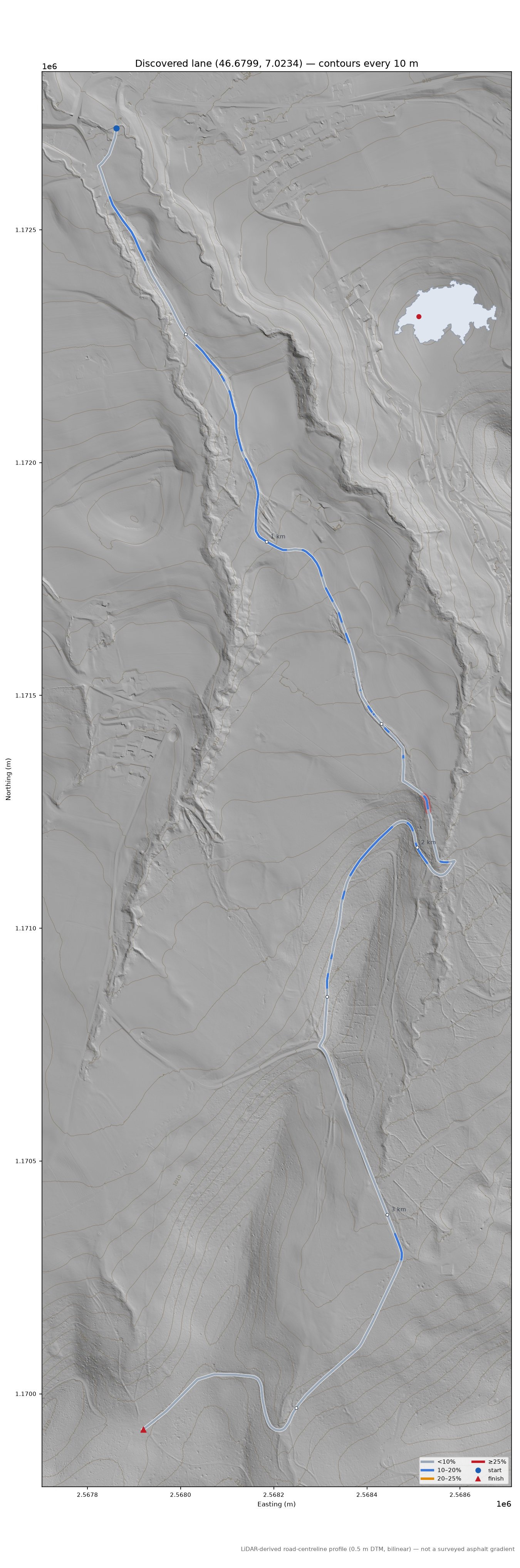 Discovered lane (46.6799, 7.0234) LiDAR hillshade map with contours