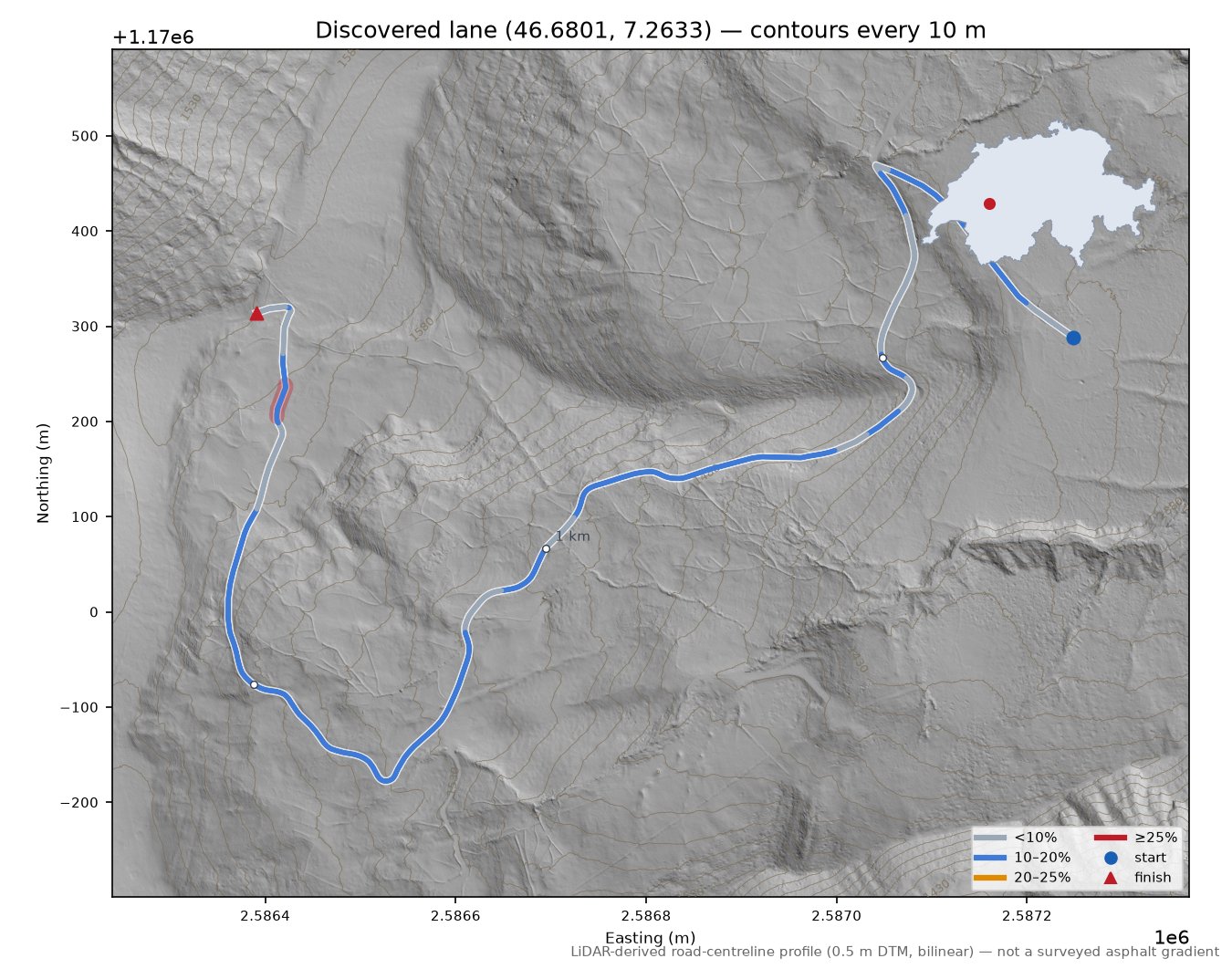 Discovered lane (46.6801, 7.2633) LiDAR hillshade map with contours
