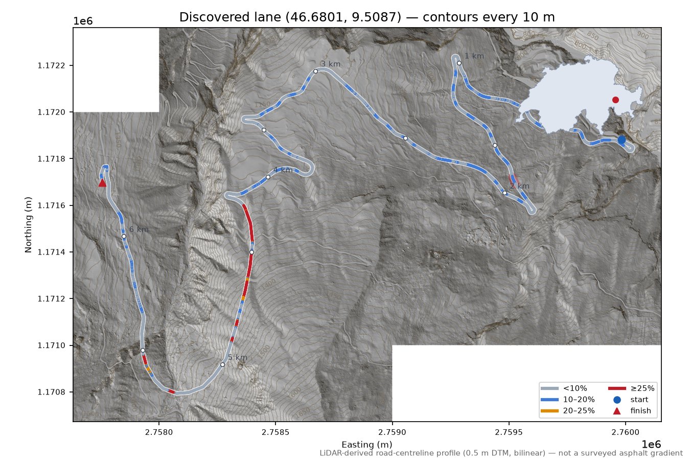 Discovered lane (46.6801, 9.5087) LiDAR hillshade map with contours