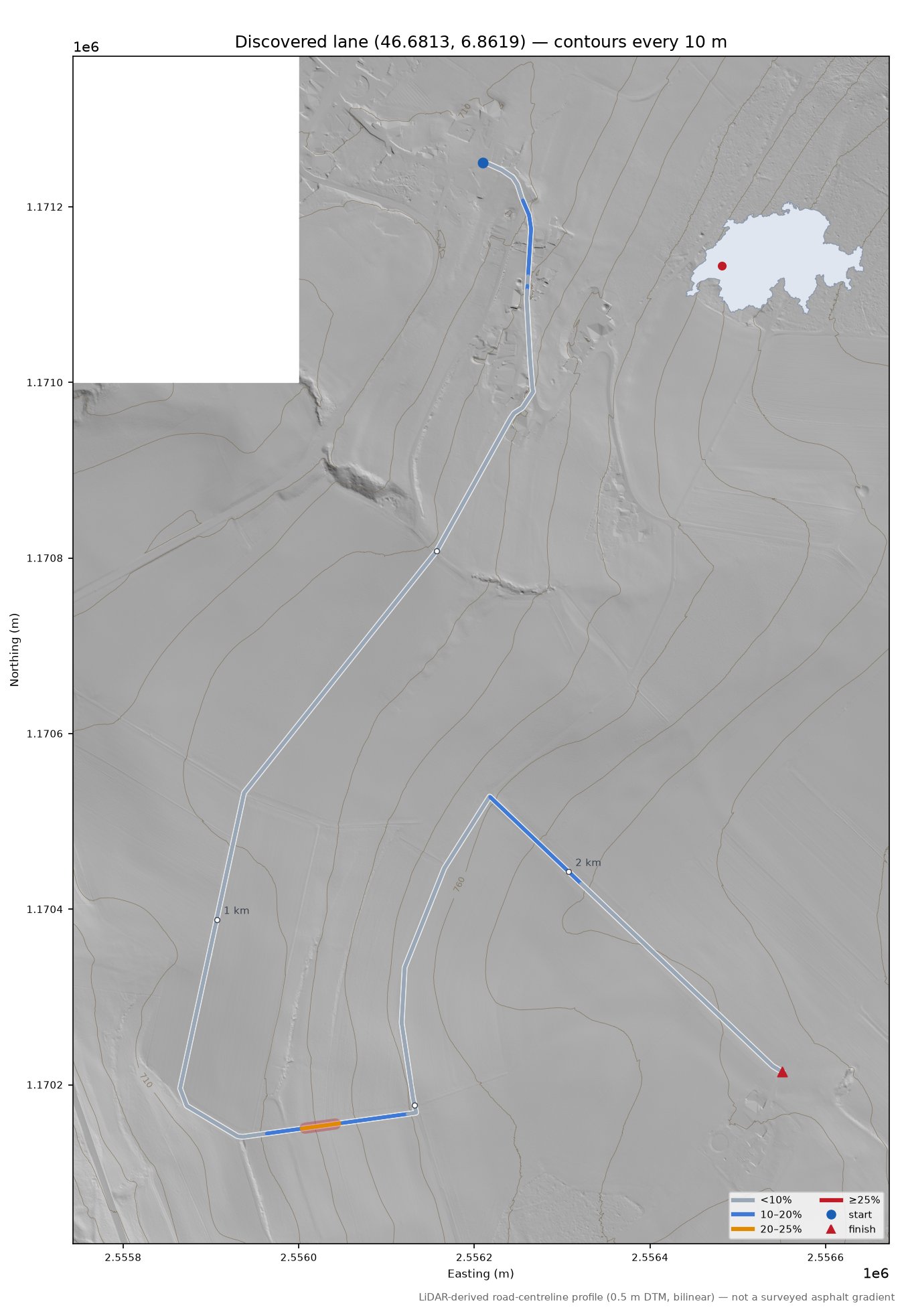 Discovered lane (46.6813, 6.8619) LiDAR hillshade map with contours