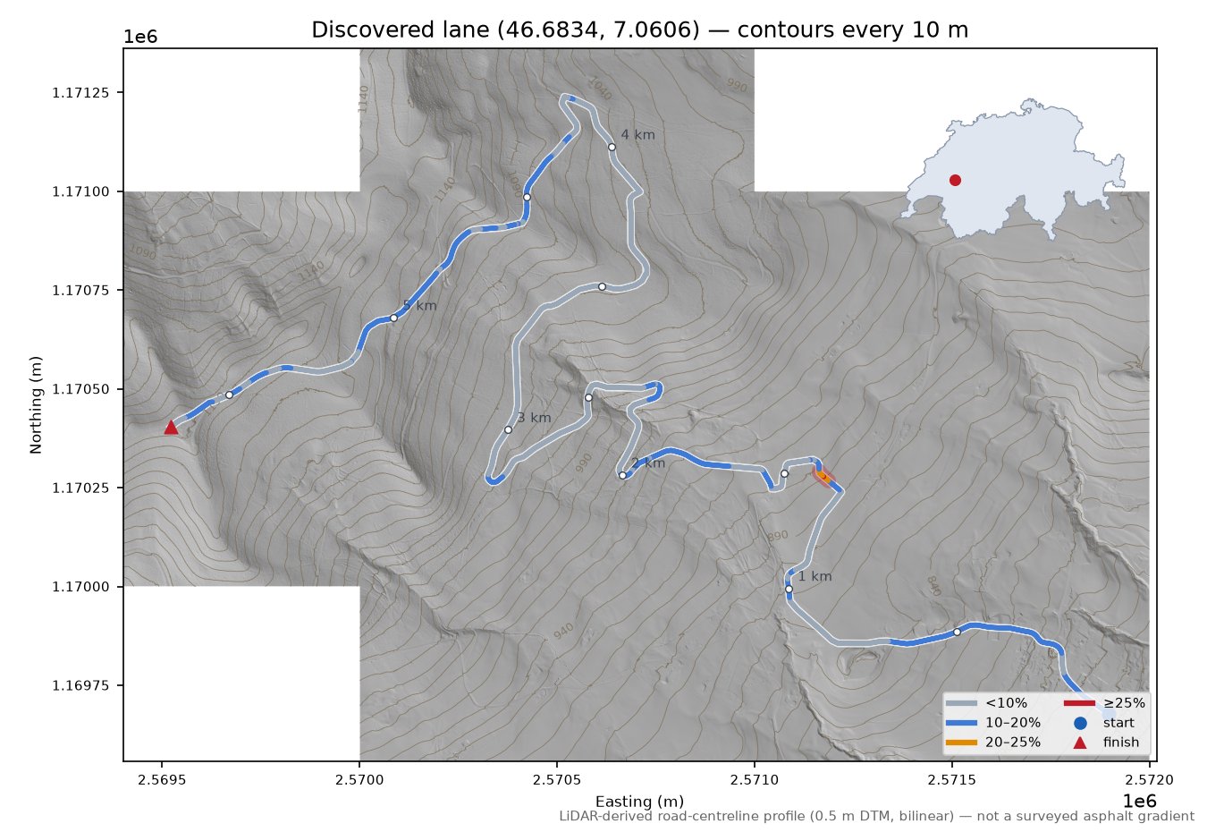Discovered lane (46.6834, 7.0606) LiDAR hillshade map with contours