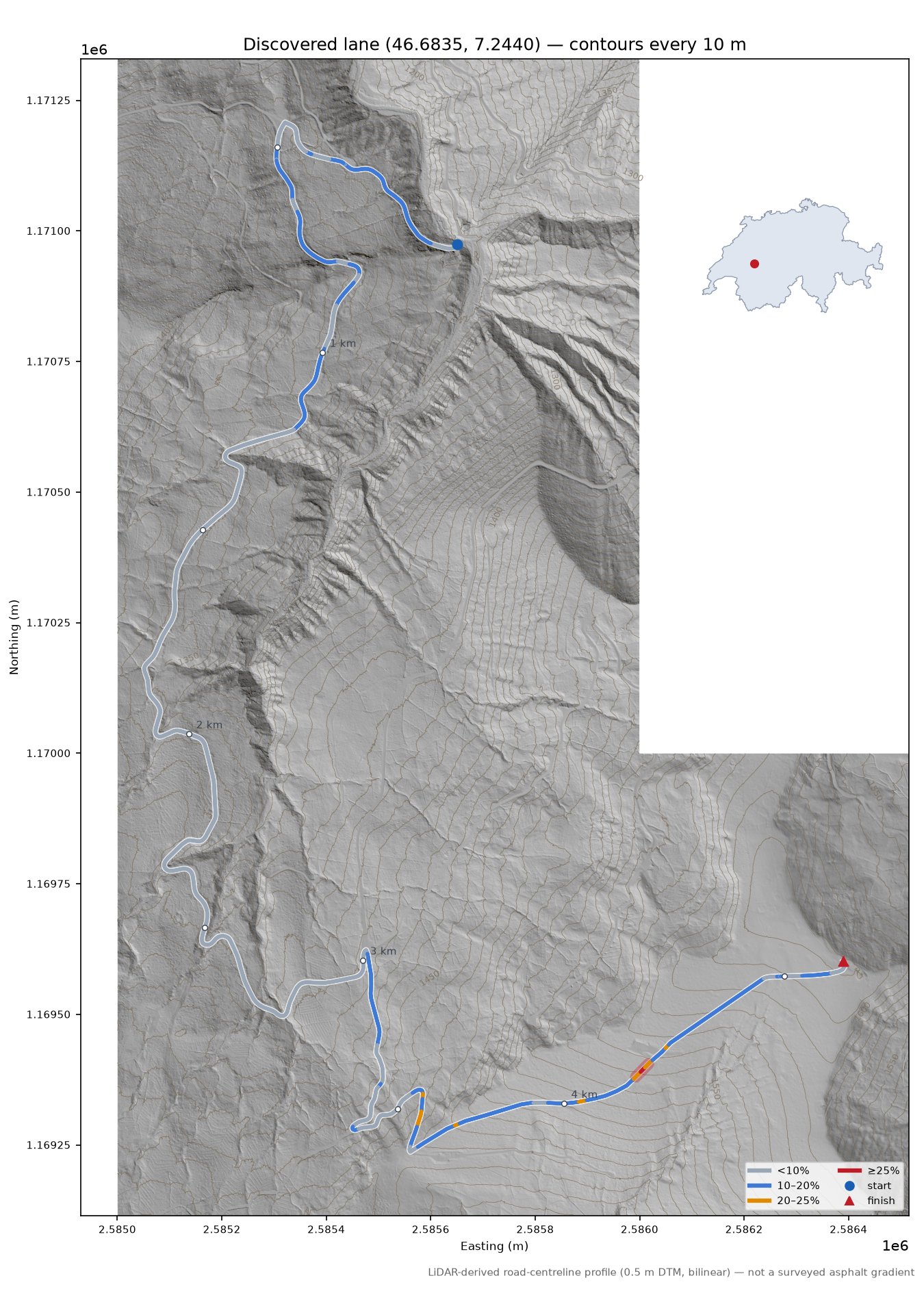 Discovered lane (46.6835, 7.2440) LiDAR hillshade map with contours