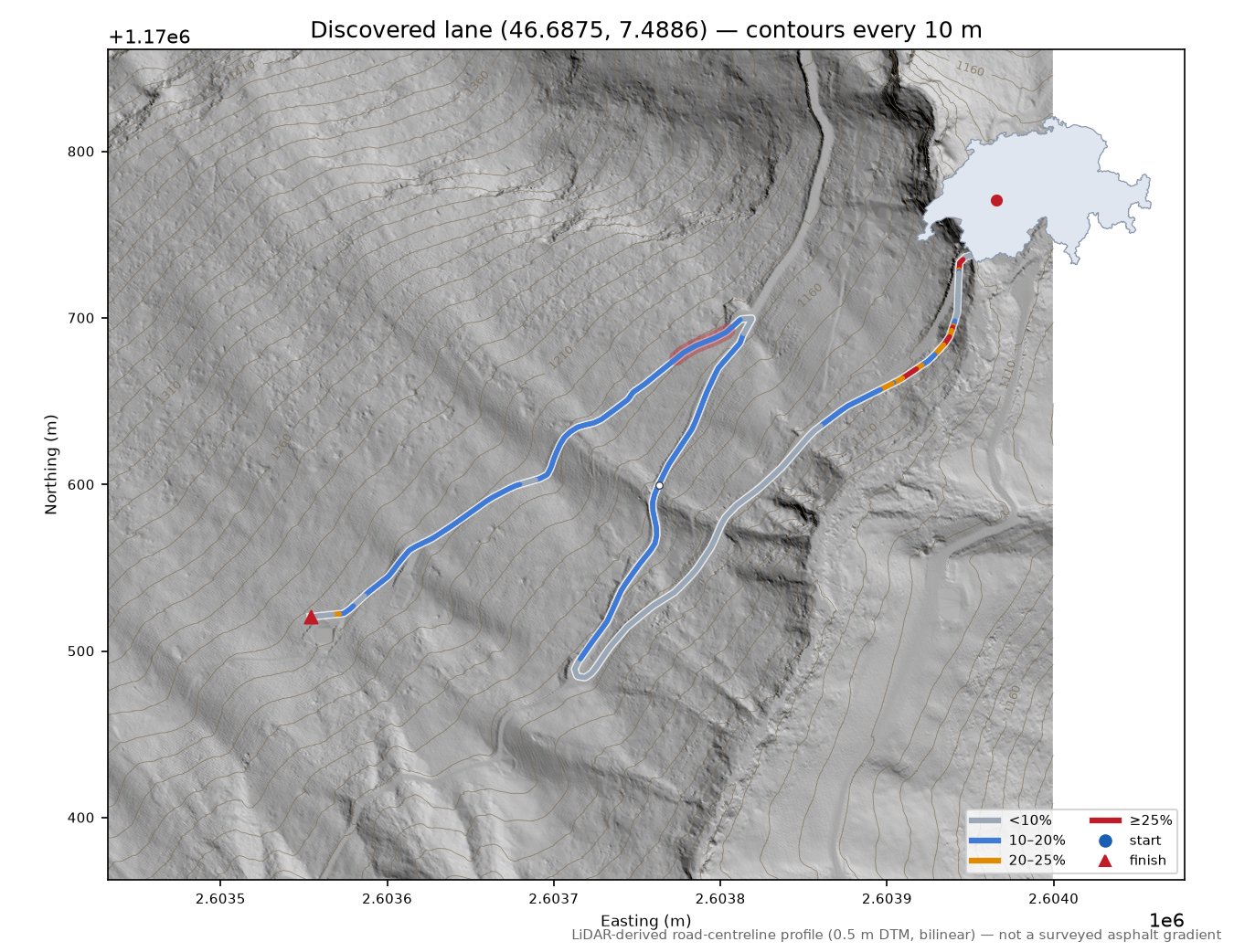 Discovered lane (46.6875, 7.4886) LiDAR hillshade map with contours