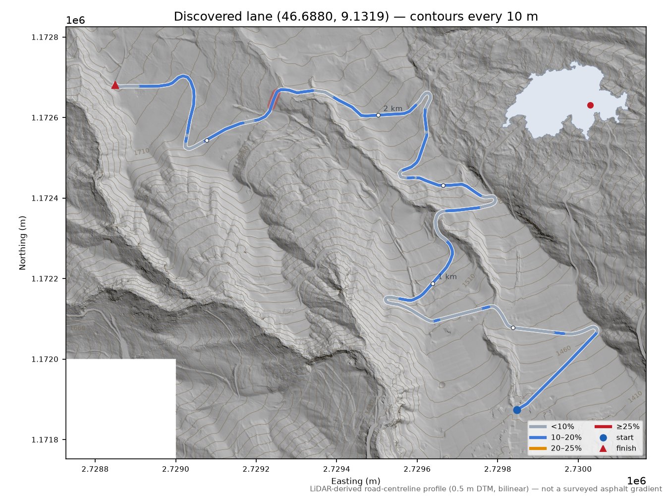 Discovered lane (46.6880, 9.1319) LiDAR hillshade map with contours