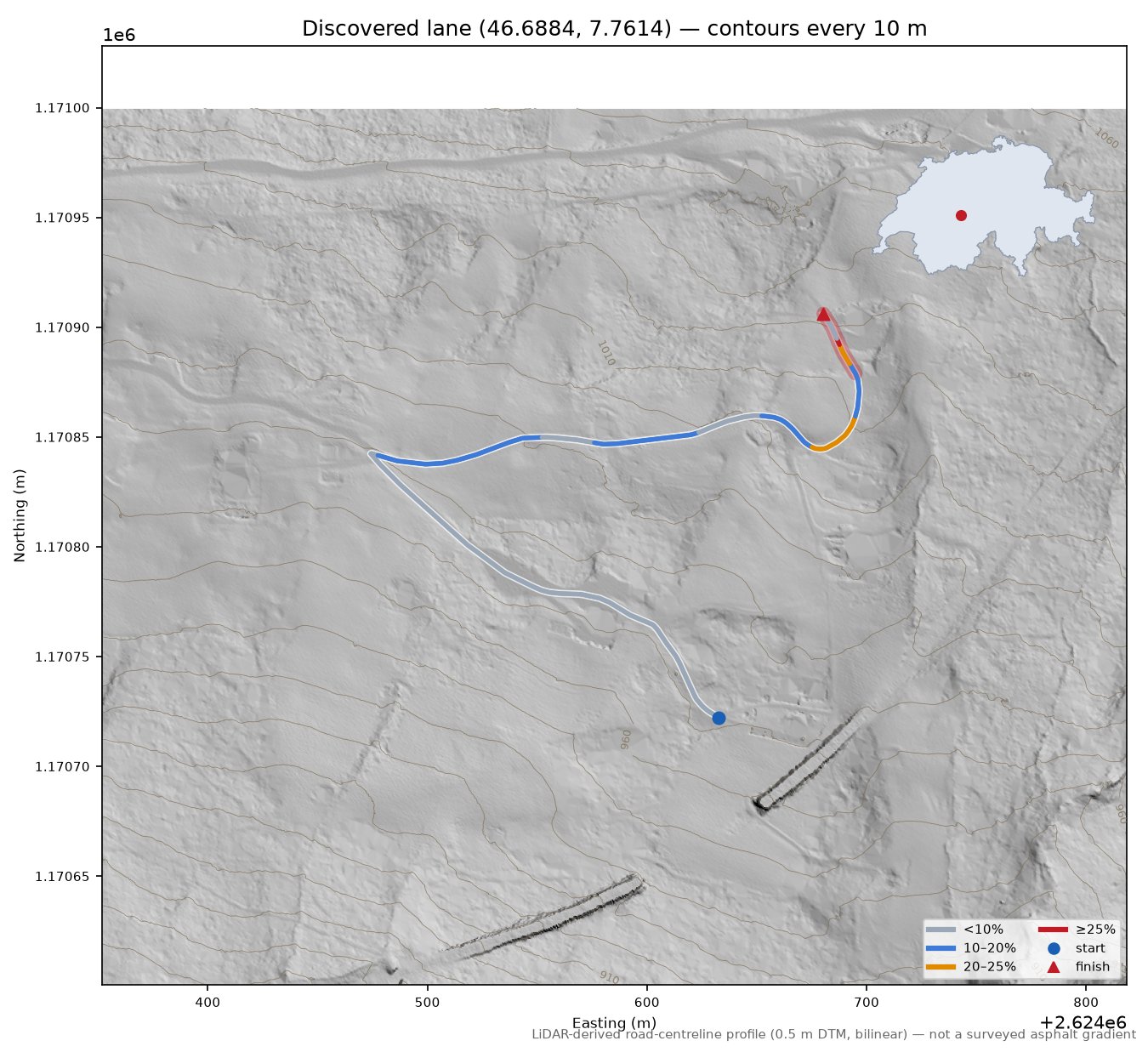 Discovered lane (46.6884, 7.7614) LiDAR hillshade map with contours