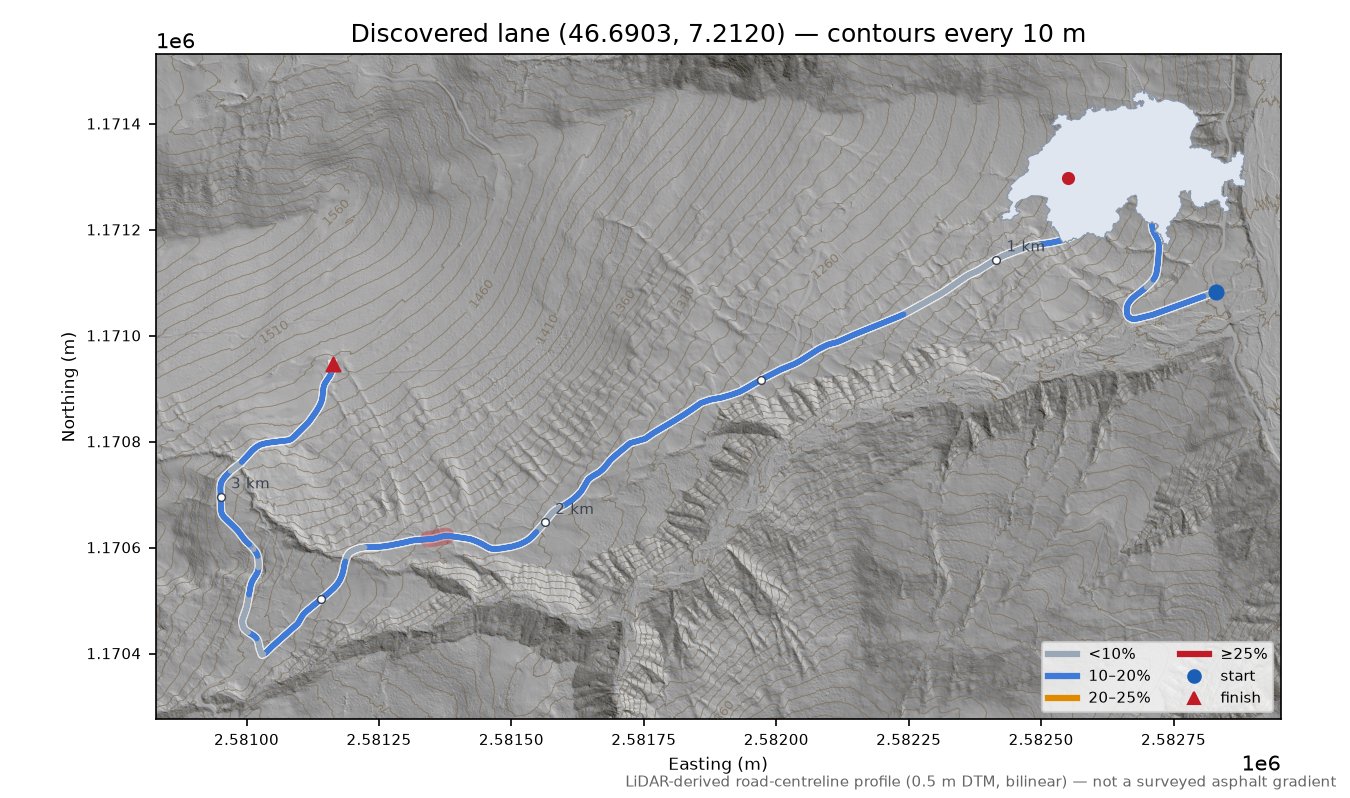Discovered lane (46.6903, 7.2120) LiDAR hillshade map with contours
