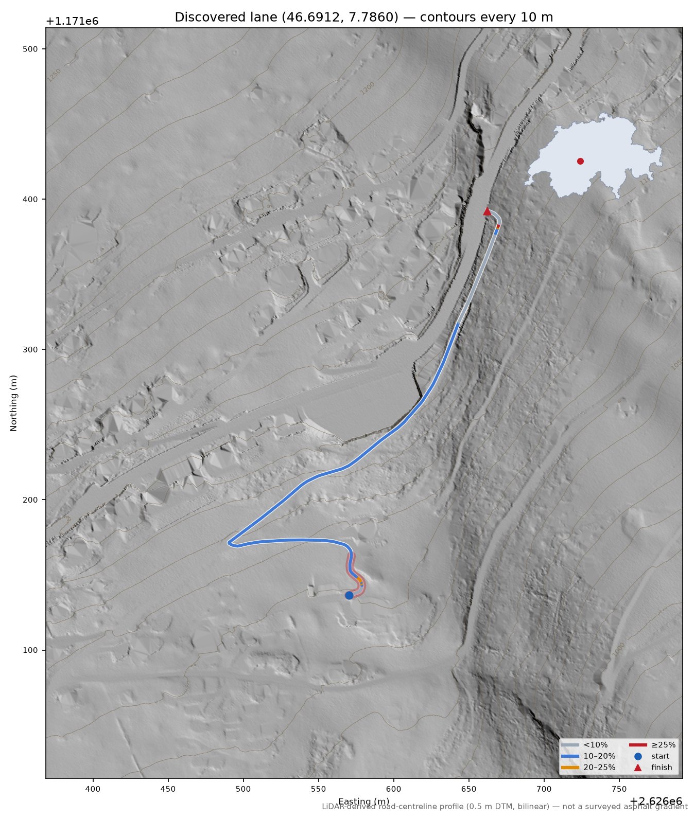 Discovered lane (46.6912, 7.7860) LiDAR hillshade map with contours