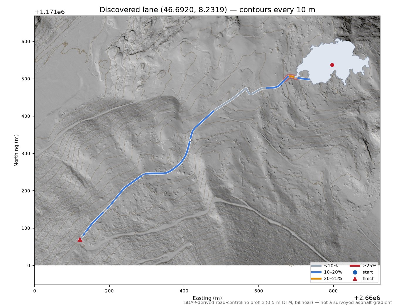 Discovered lane (46.6920, 8.2319) LiDAR hillshade map with contours