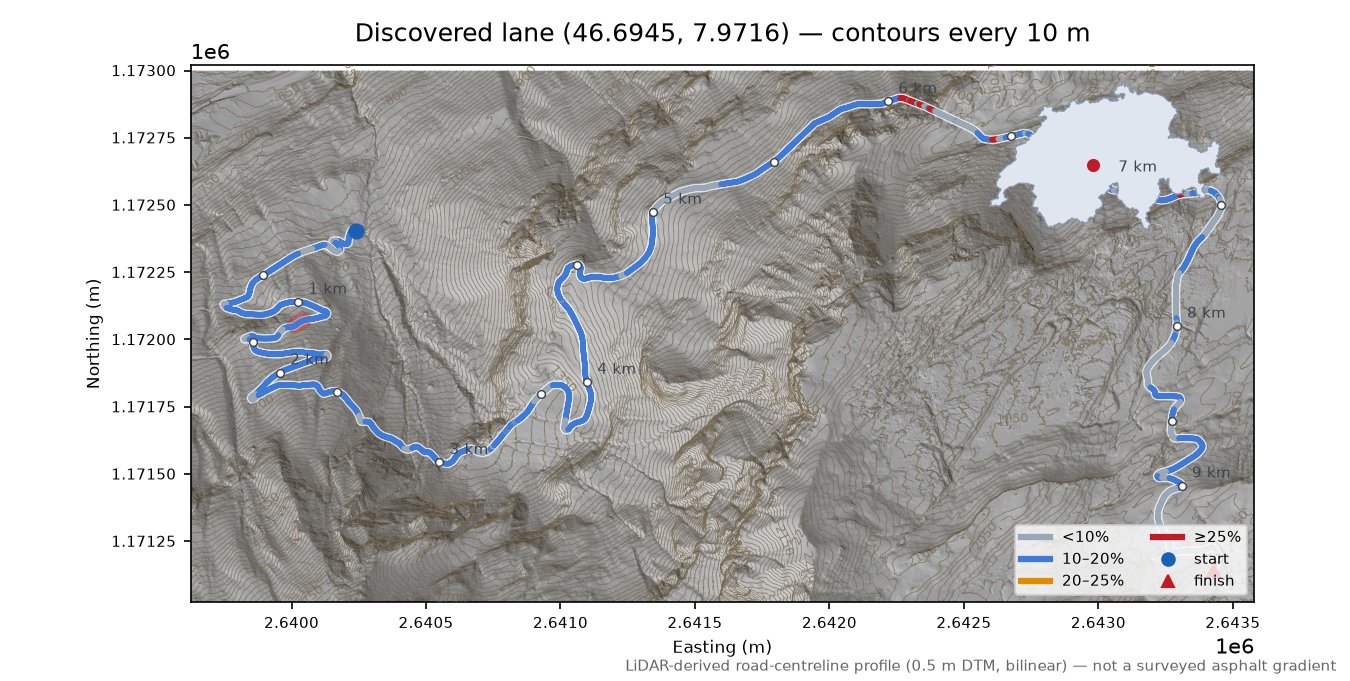 Discovered lane (46.6945, 7.9716) LiDAR hillshade map with contours