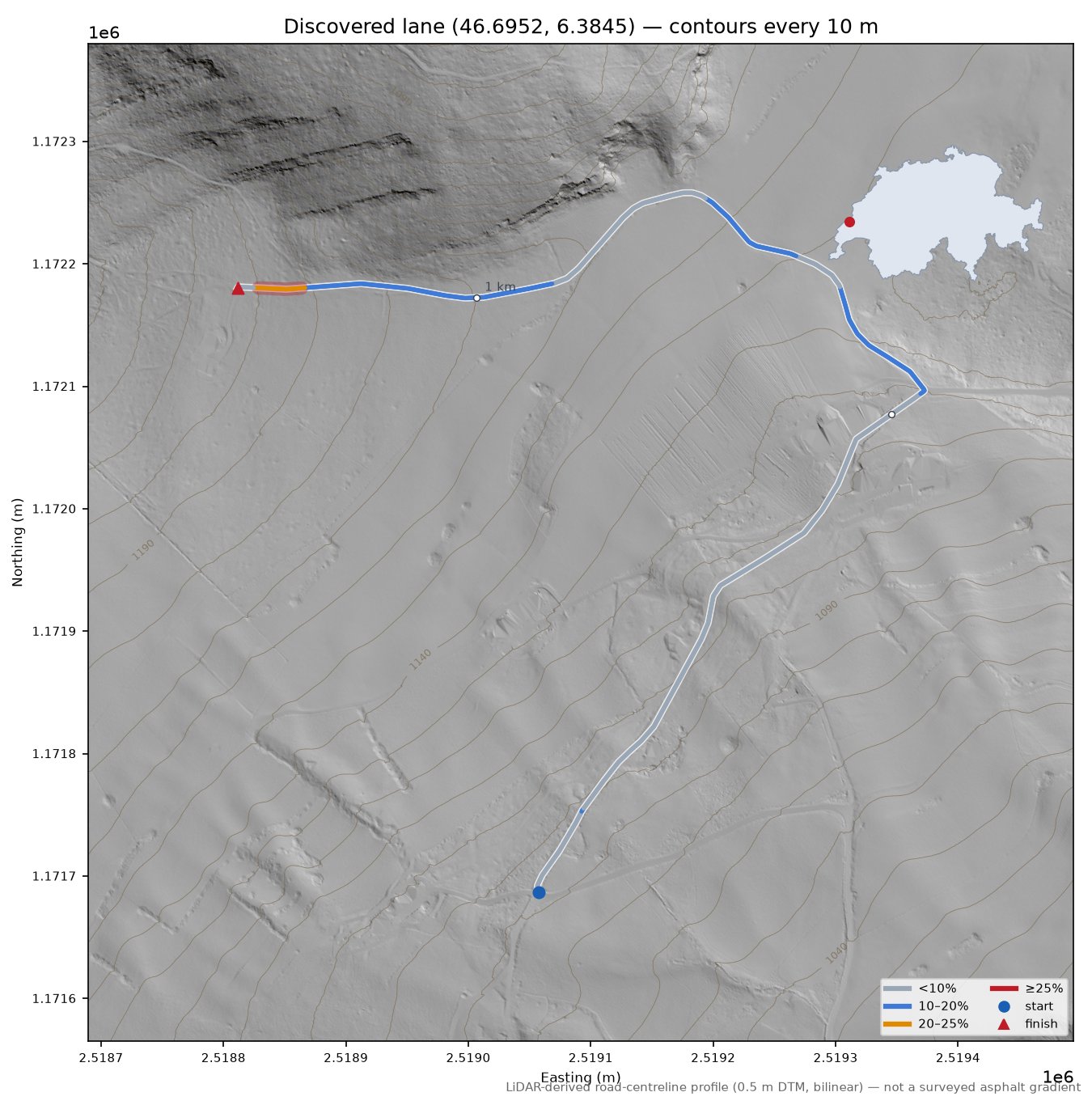 Discovered lane (46.6952, 6.3845) LiDAR hillshade map with contours