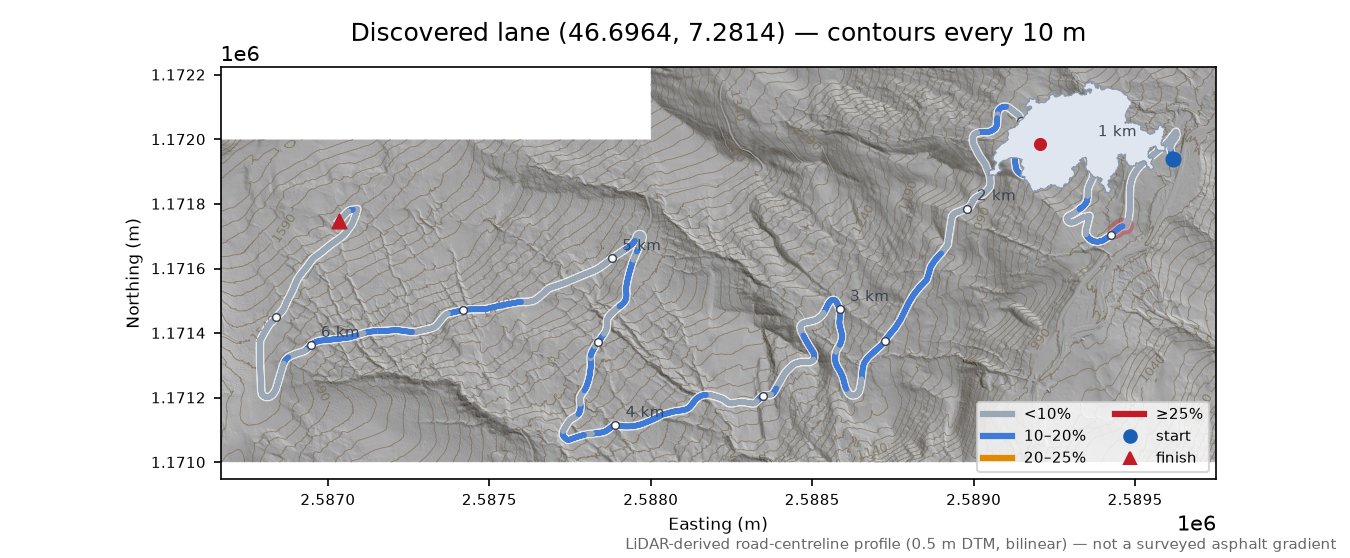 Discovered lane (46.6964, 7.2814) LiDAR hillshade map with contours