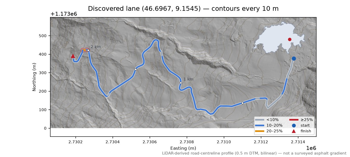 Discovered lane (46.6967, 9.1545) LiDAR hillshade map with contours