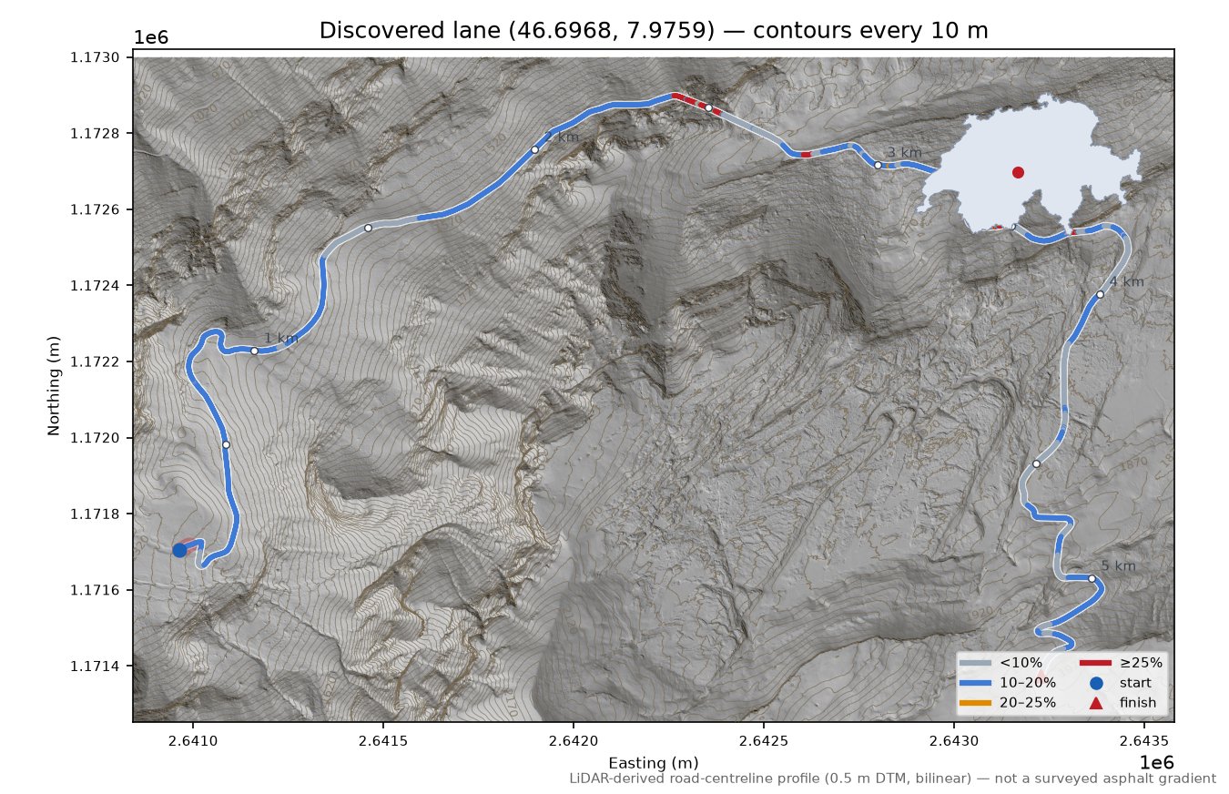 Discovered lane (46.6968, 7.9759) LiDAR hillshade map with contours