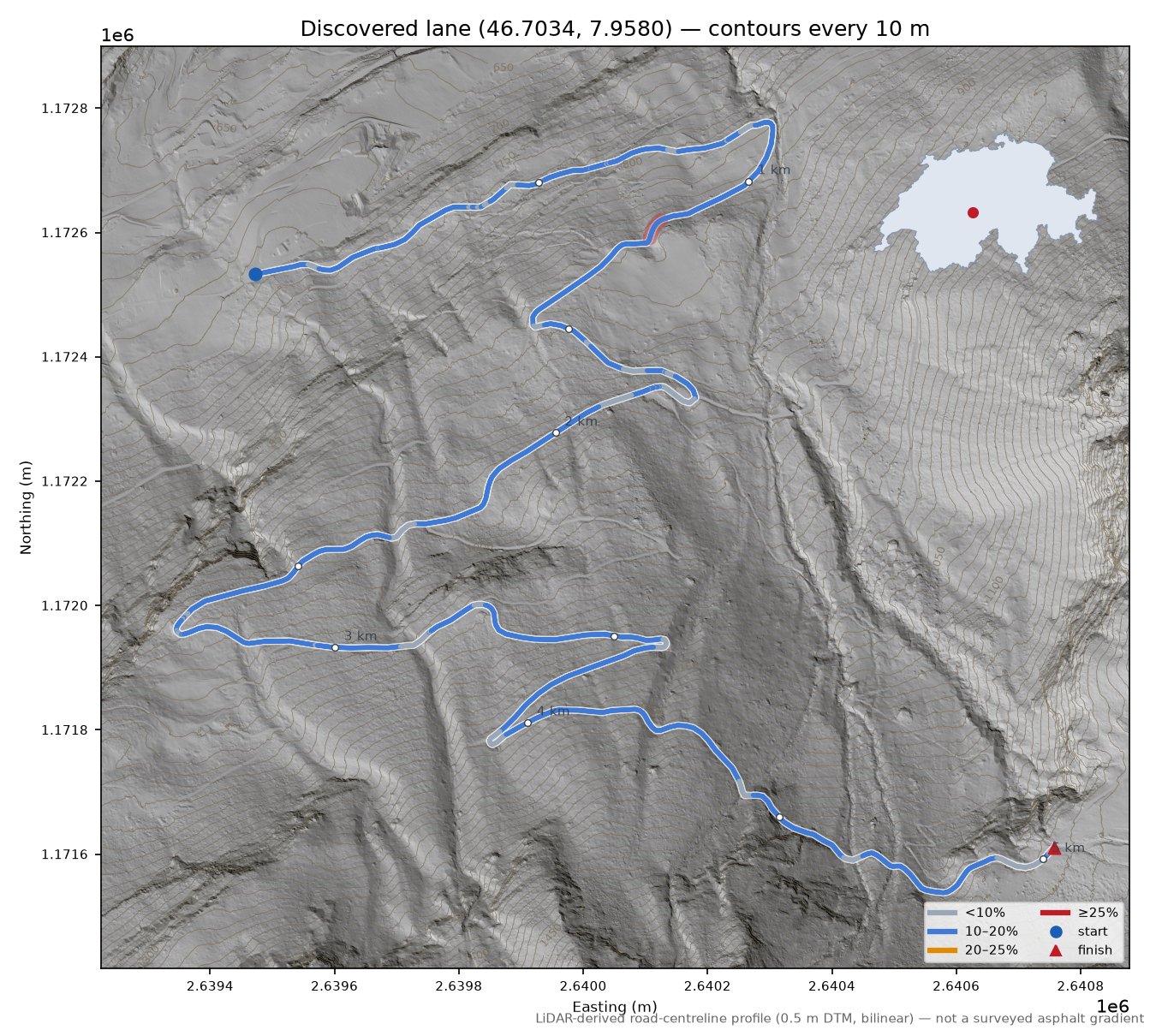 Discovered lane (46.7035, 7.9632) LiDAR hillshade map with contours