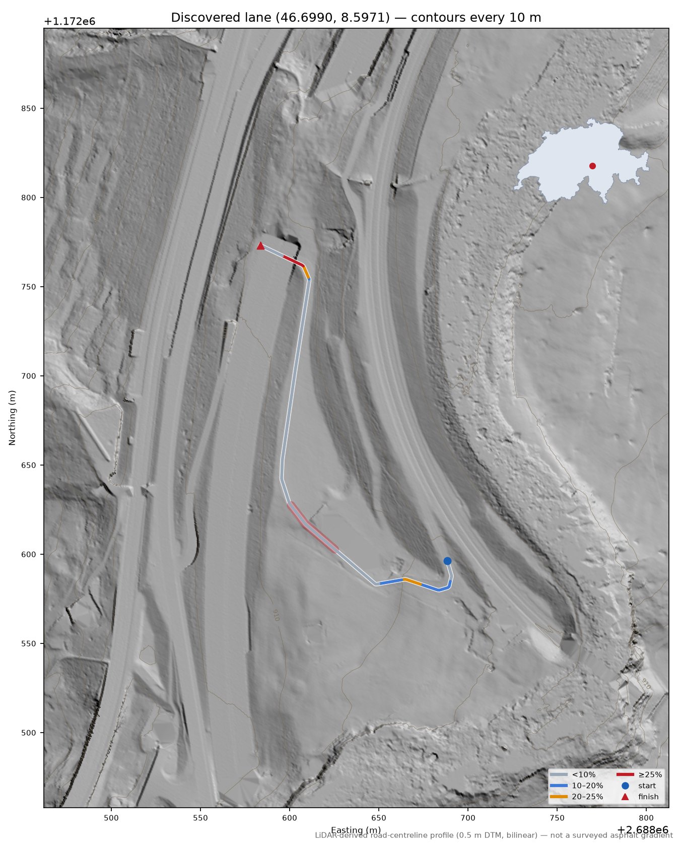 Discovered lane (46.6990, 8.5971) LiDAR hillshade map with contours