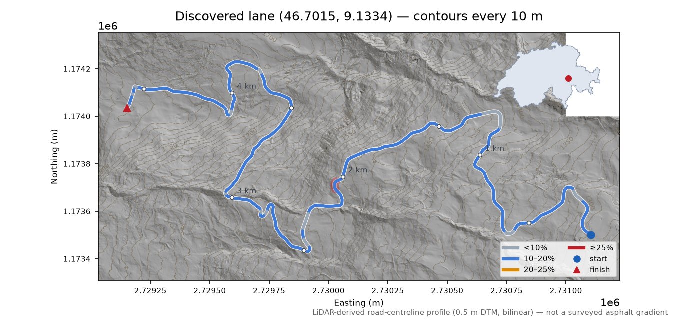 Discovered lane (46.7015, 9.1334) LiDAR hillshade map with contours