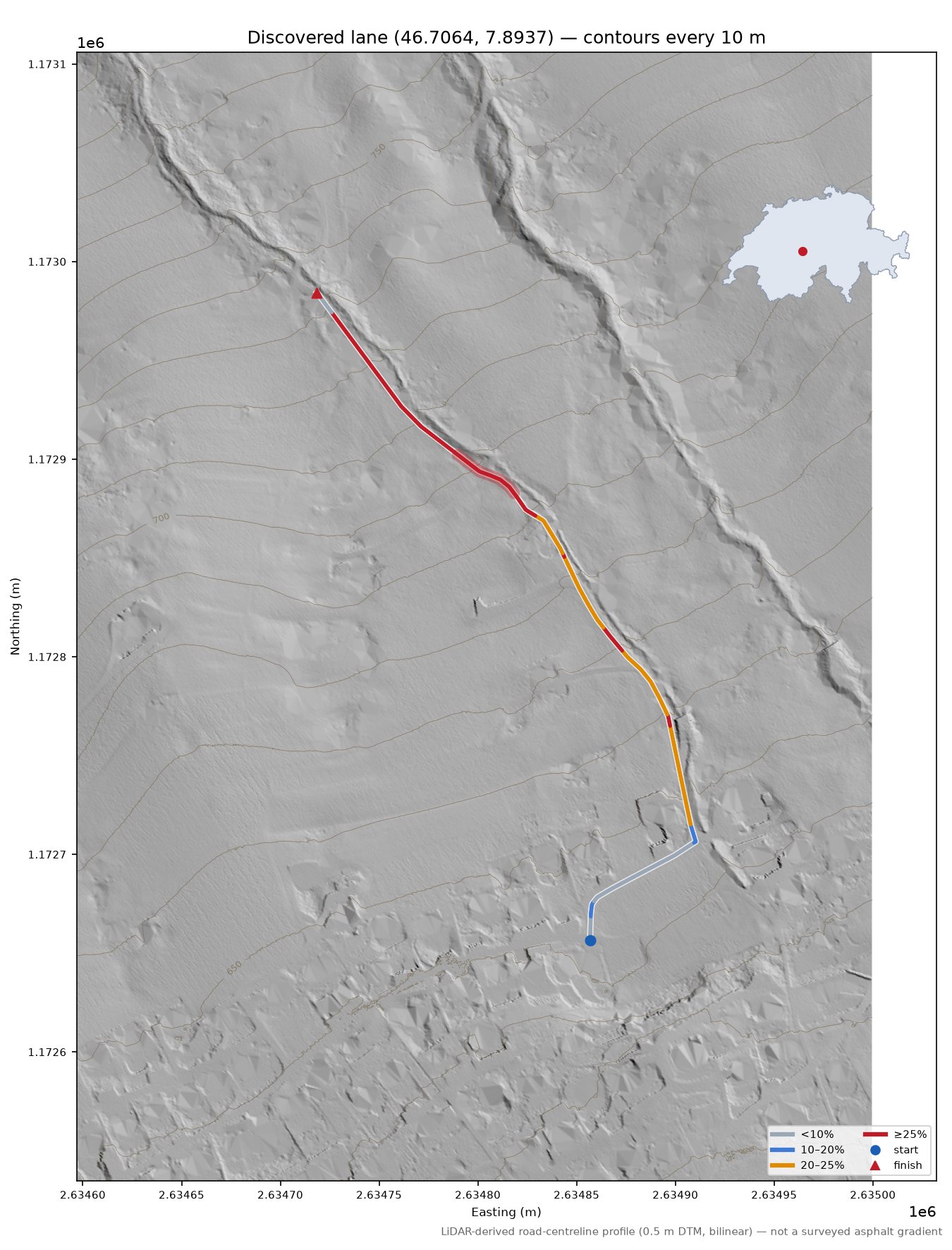 Discovered lane (46.7064, 7.8937) LiDAR hillshade map with contours
