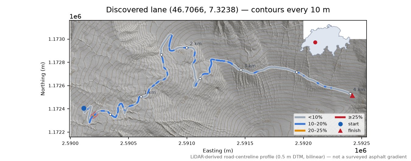 Discovered lane (46.7066, 7.3238) LiDAR hillshade map with contours