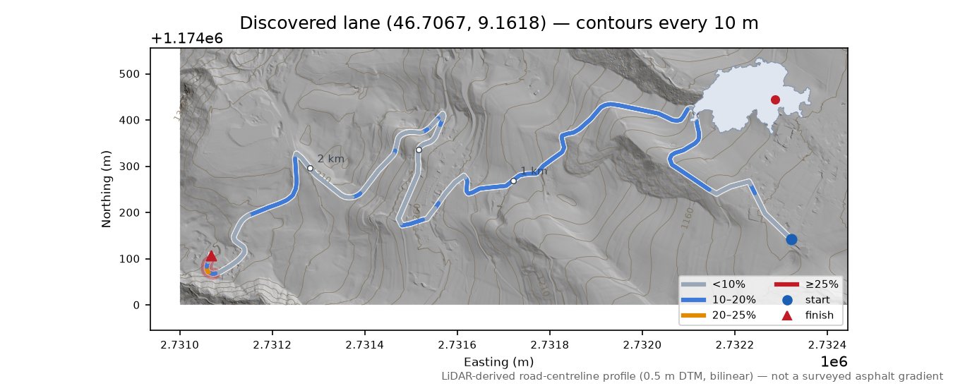 Discovered lane (46.7067, 9.1618) LiDAR hillshade map with contours