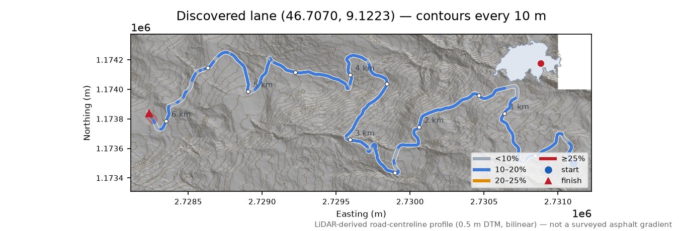 Discovered lane (46.7070, 9.1223) LiDAR hillshade map with contours