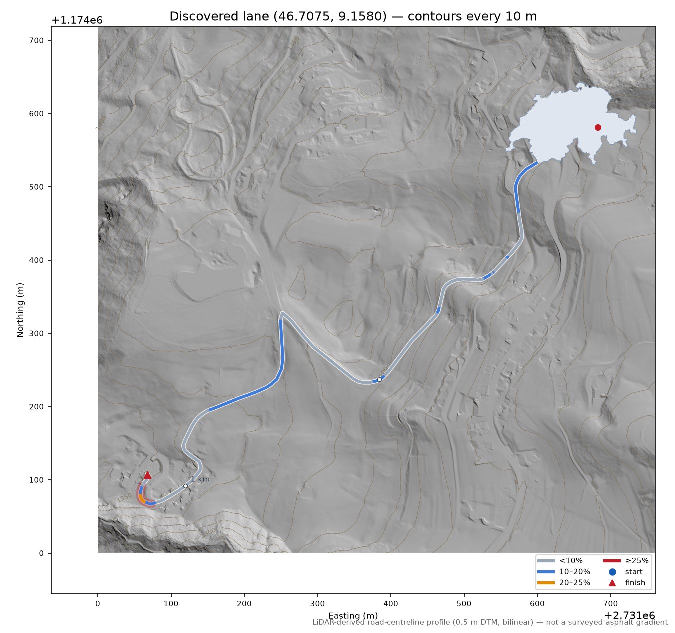 Discovered lane (46.7075, 9.1580) LiDAR hillshade map with contours
