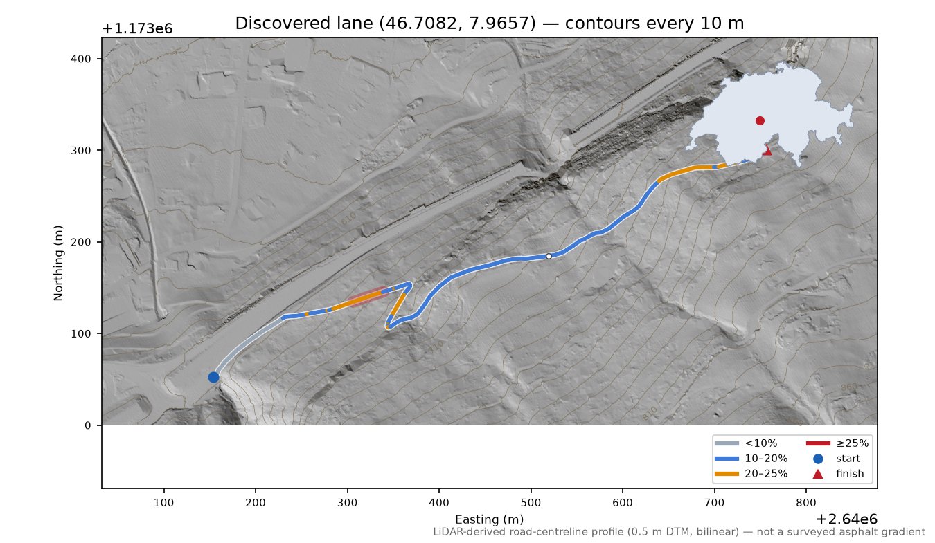 Discovered lane (46.7082, 7.9657) LiDAR hillshade map with contours
